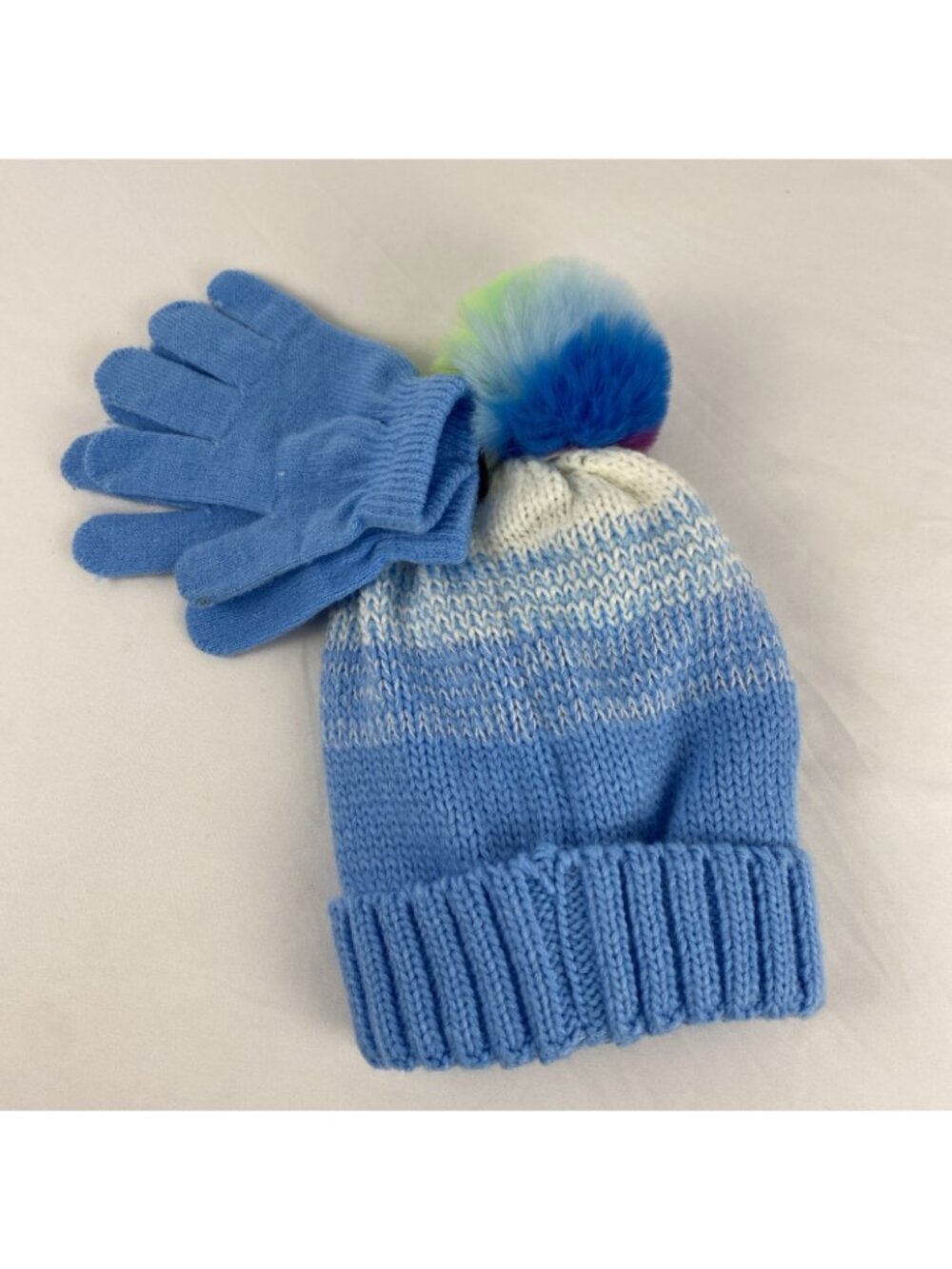Girls' Balloon Dog Multicolored Pom Pom Blue & White Knit Hat & Glove Set OS NWT - Picture 2 of 5